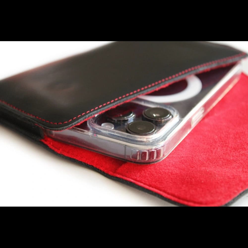 LURESKO ELLA XXL leather protective case for phone - 170x85x12 / for handbag backpack (black with red thread) - 9