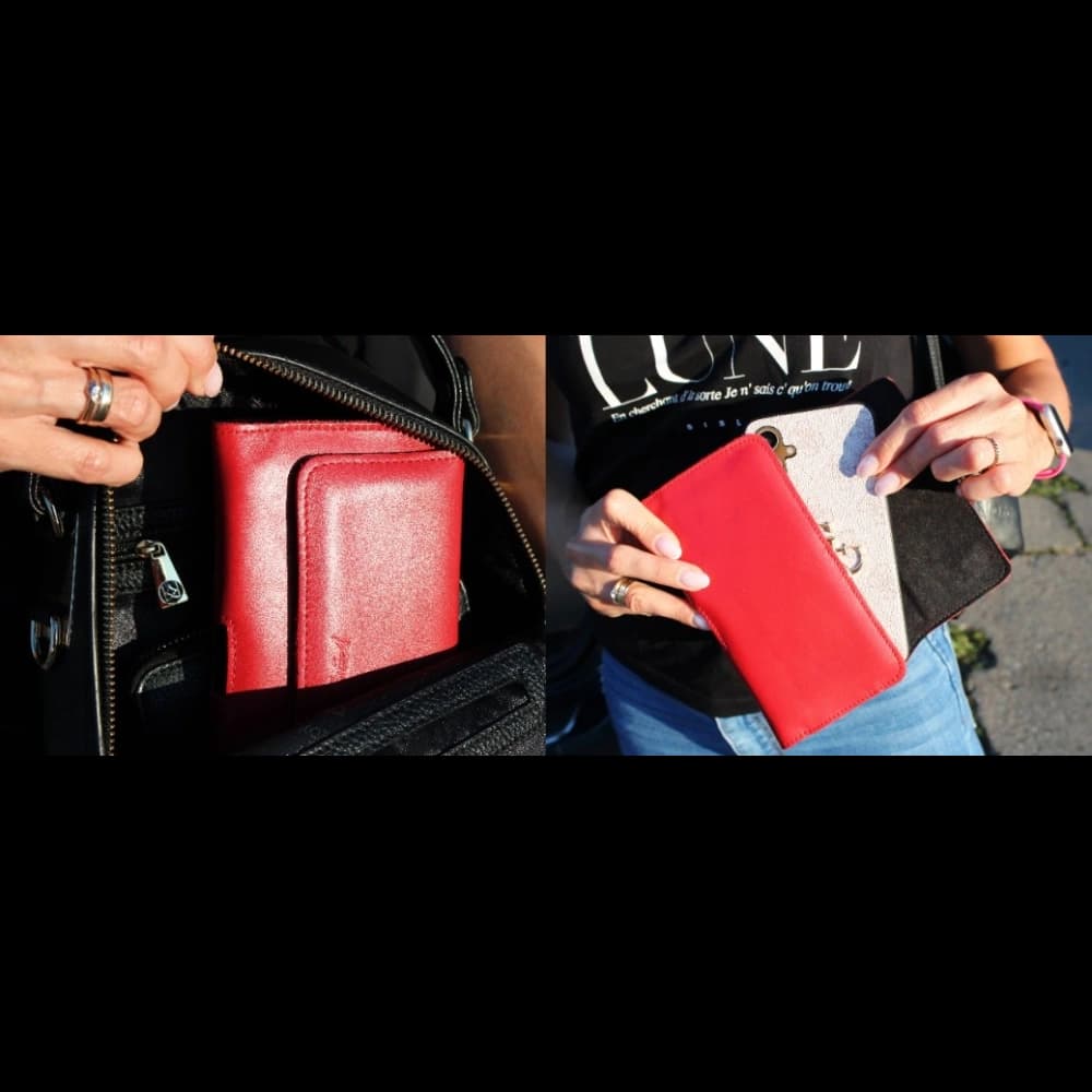 LURESKO ELLA XXL leather protective case for phone - 170x85x12 / for handbag backpack (black with red thread) - 11