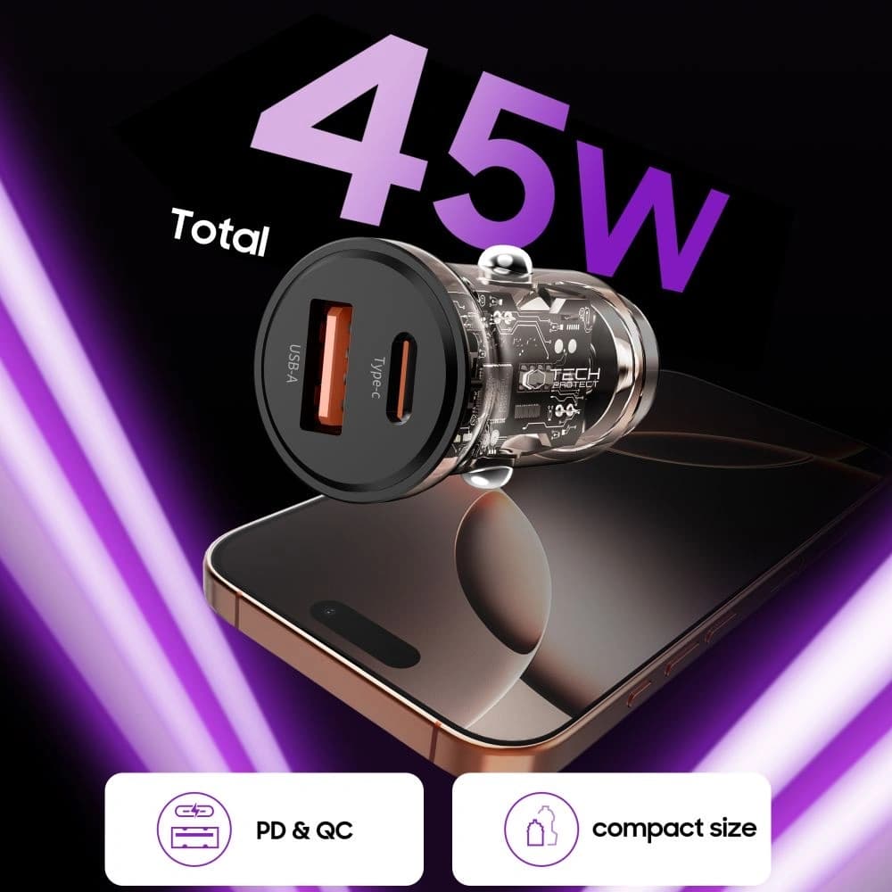 Tech-Protect CC01 2-port Car Charger USB-A, USB-C PD 45W / QC 3.0 Black - 4