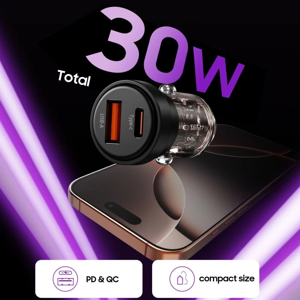 Tech-Protect CC03 2-port Car Charger USB-A, USB-C PD 30W / QC 3.0 Black - 4