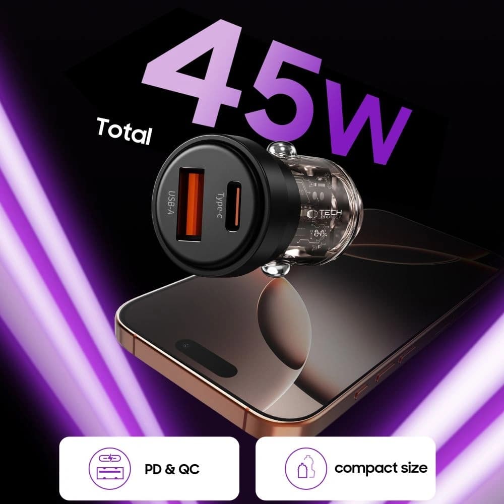 Tech-Protect CC03 2-Port Auto Ladegerät USB-A, USB-C PD 45W / QC 3.0 Schwarz - 4