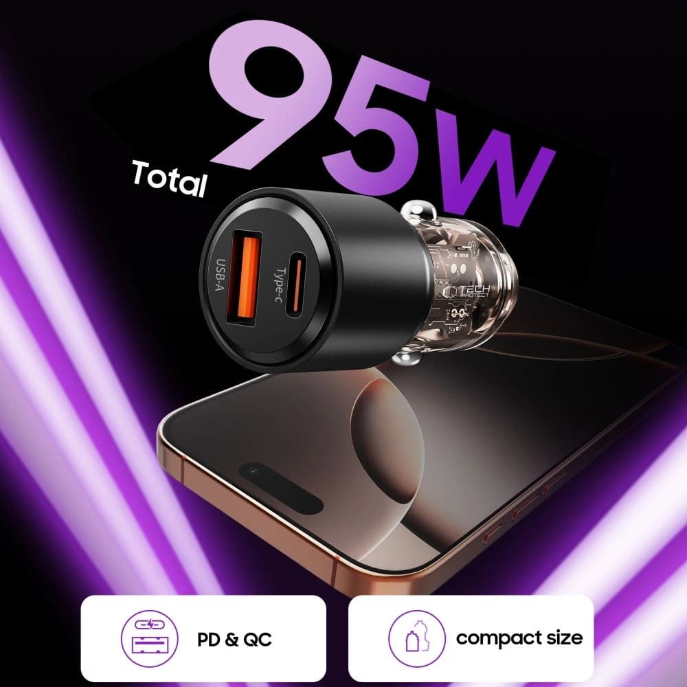 Tech-Protect CC03 2-Port Auto Ladegerät USB-A, USB-C PD 95W / QC 3.0 Schwarz - 4