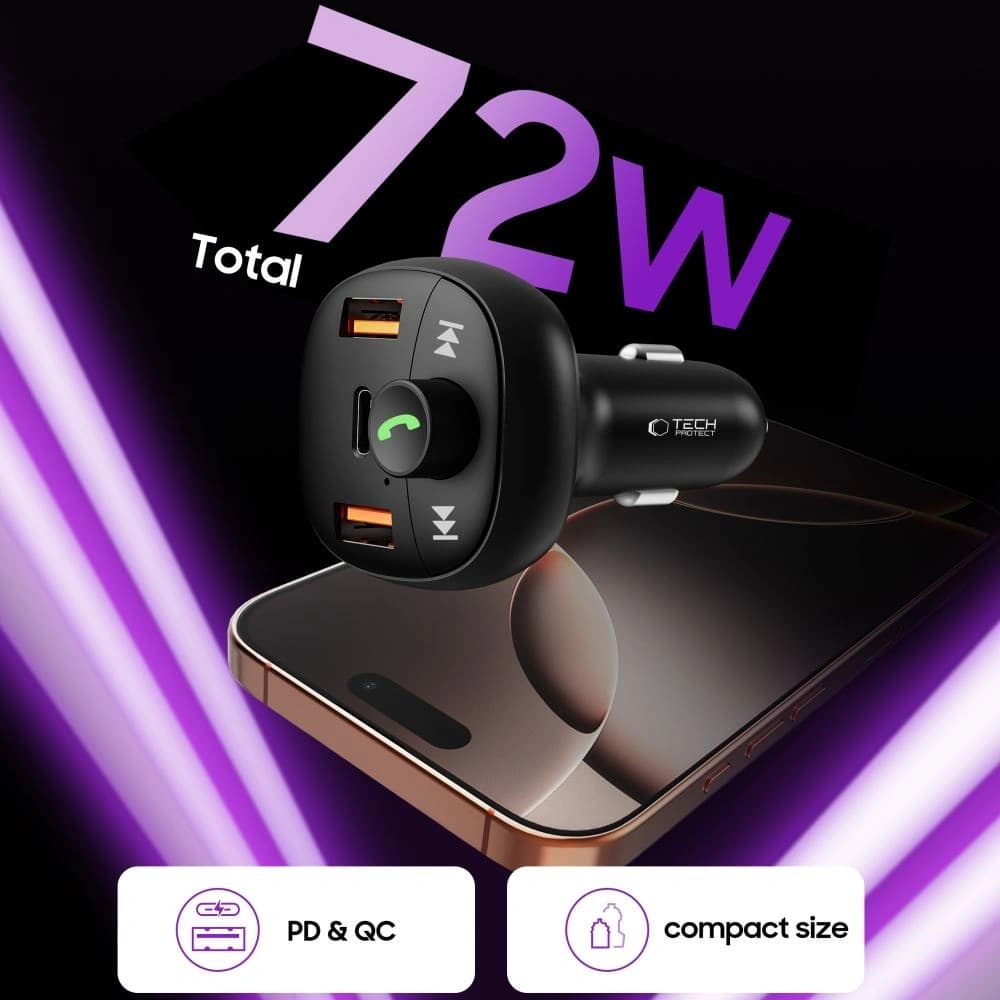 Tech-Protect CC06 3-port Car Charger 2xUSB-A, USB-C PD 72W + Transmiter FM Bluetooth Black - 4