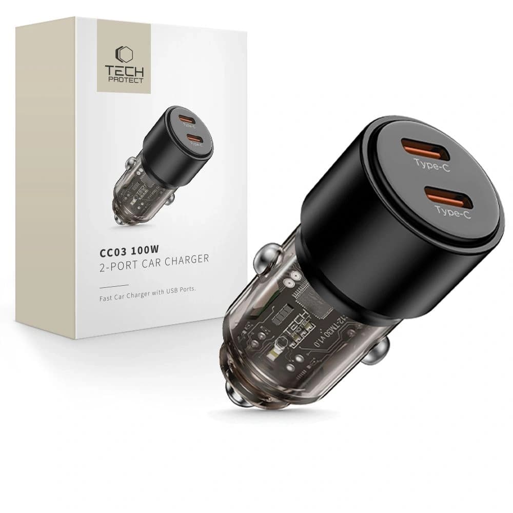 Tech-Protect CC03 2-port 2xUSB-C Car Charger PD 100W Black - 1