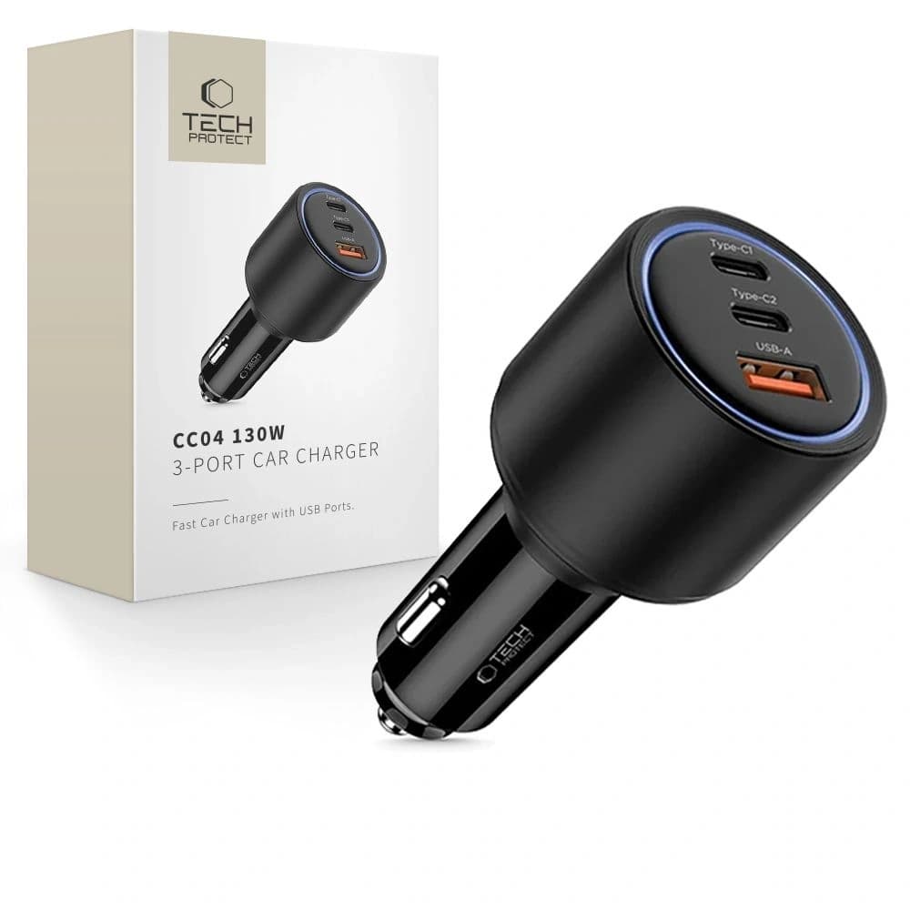 Tech-Protect CC04 3-port Car Charger USB-A, 2xUSB-C PD 130W Black - 1