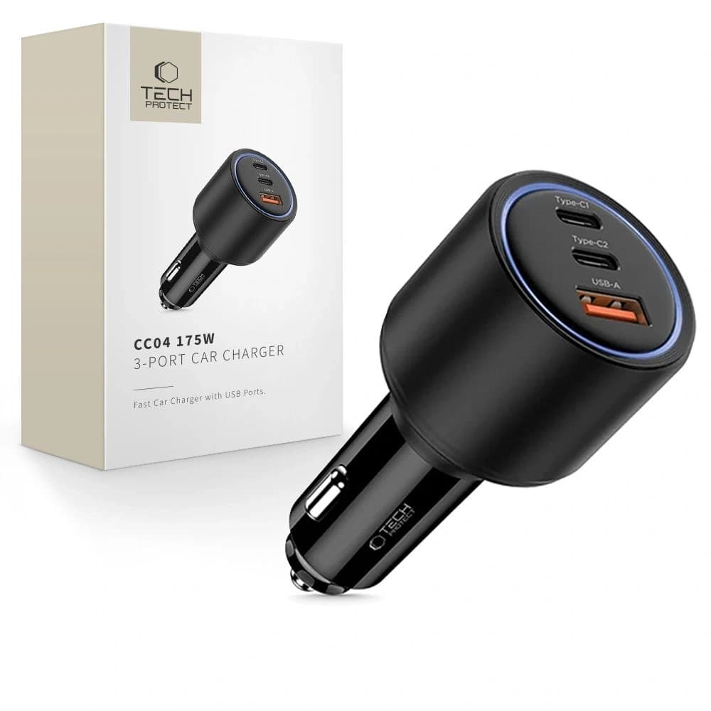 Tech-Protect CC04 3-port Car Charger USB-A, 2xUSB-C PD 175W Black - 1