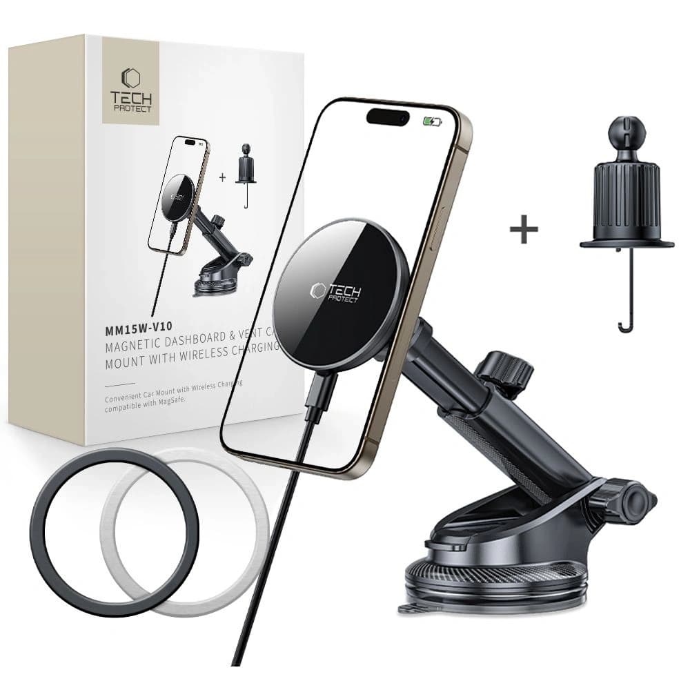 Car mount for dashboard / vent with wireless charger Tech-Protect MM15W-V10 Magnetic MagSafe Dashboard & Vent Car Mount Wireless Charger 15W Black - 1