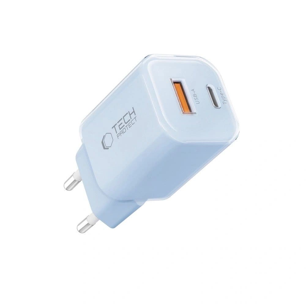 Tech-Protect NCM33W 2-Port USB-A, USB-C Netzladegerät PD 33W / QC3.0 Baby Blau - 2