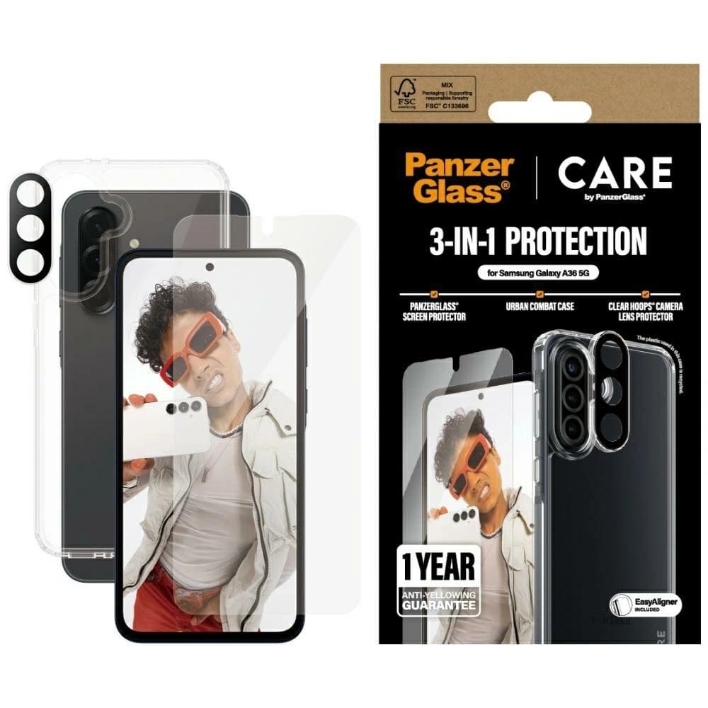 CARE von PanzerGlass Flagship 3in1 Schutzset: Hülle + gehärtetes Glas + Objektivglas für Samsung Galaxy A36 5G - 1
