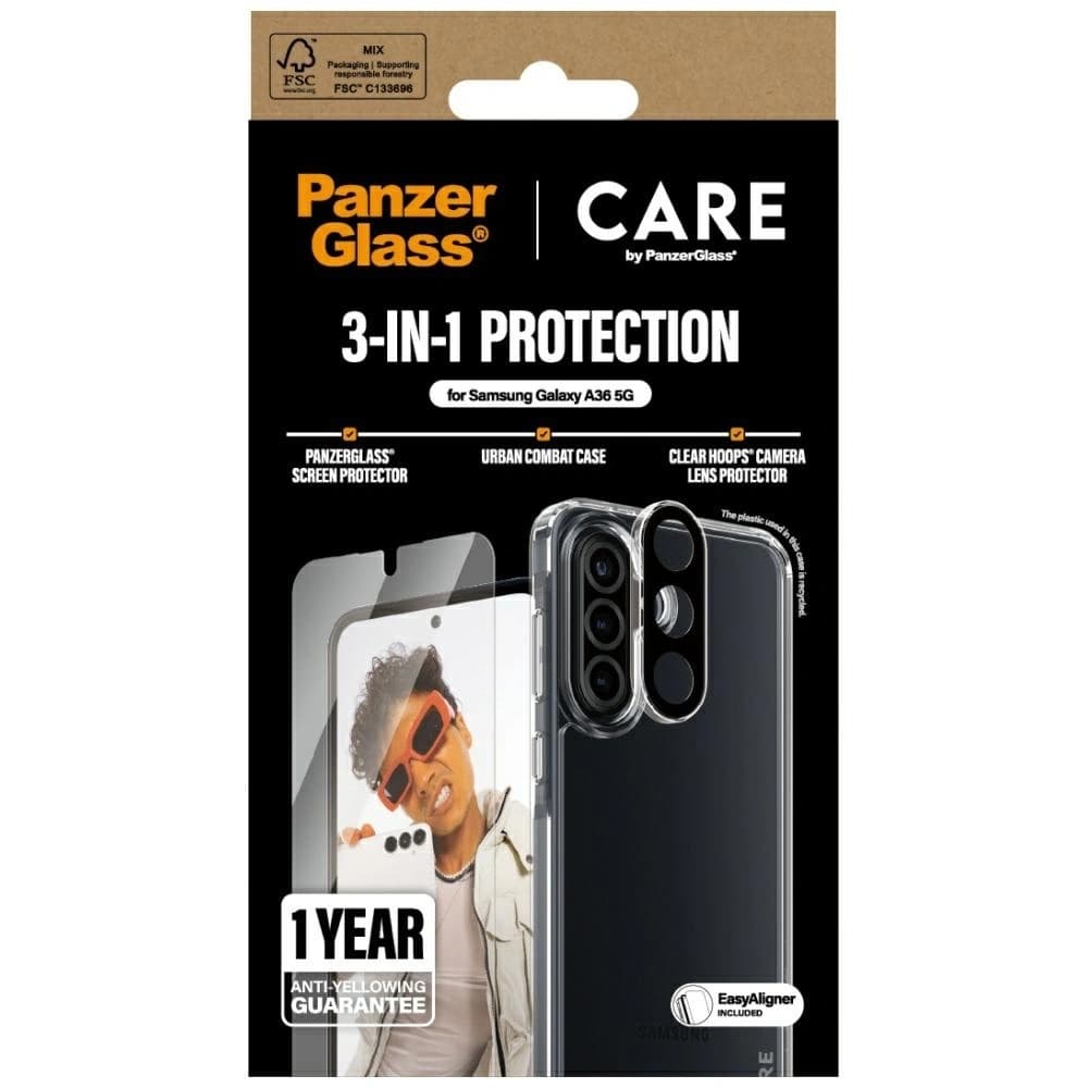 CARE von PanzerGlass Flagship 3in1 Schutzset: Hülle + gehärtetes Glas + Objektivglas für Samsung Galaxy A36 5G - 4