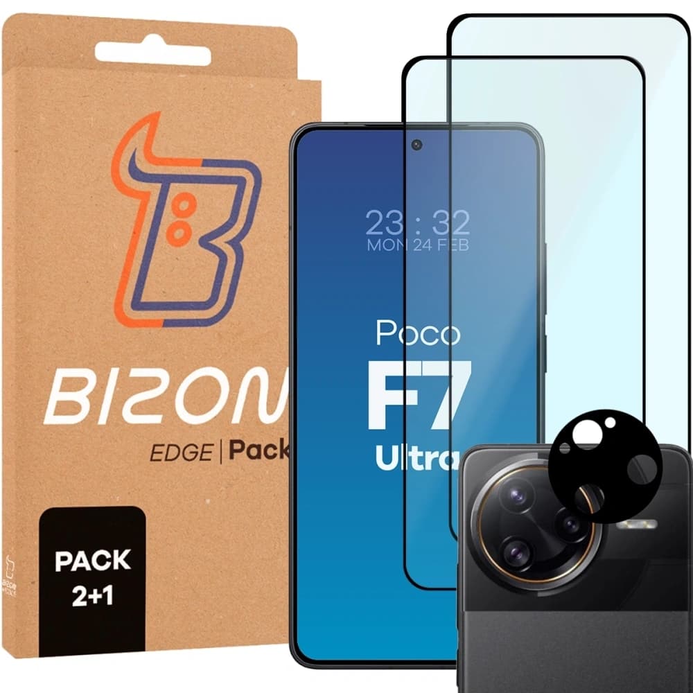 Bizon Edge 2 Pack 2x gehärtetes Glas + 1x Linsenschutz für Xiaomi Poco F7 Ultra - 1