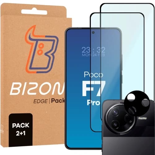 Bizon Edge 2 Pack 2x gehärtetes Glas + 1x Linsenschutz für Xiaomi Poco F7 Pro