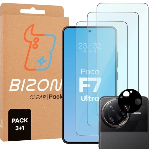 Bizon Clear 2 Pack 3x gehärtetes Glas + 1x Linsenschutz für Xiaomi Poco F7 Ultra