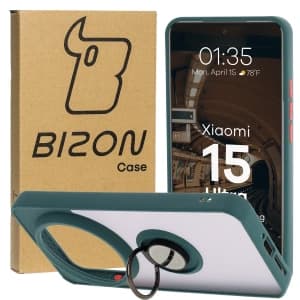 Bizon Case Hybrid Ring Xiaomi 15 Ultra smoked with a dark green frame