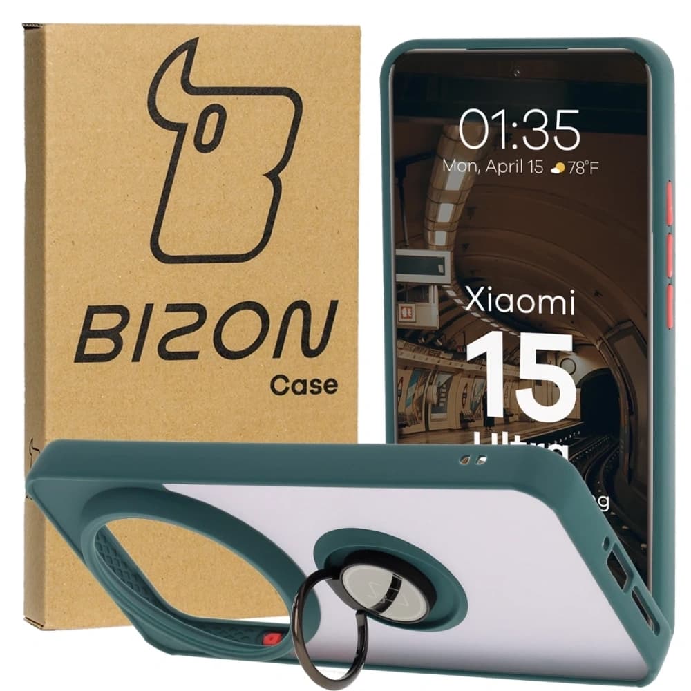 Bizon Case Hybrid Ring Xiaomi 15 Ultra smoked with a dark green frame - 1