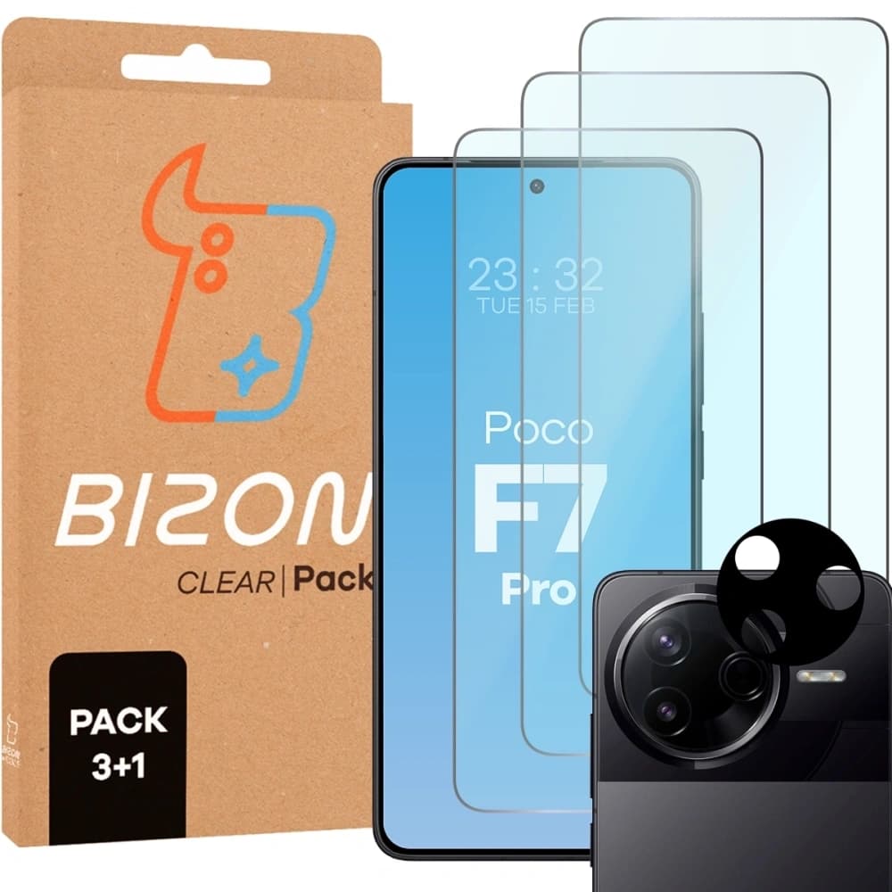 Bizon Clear 2 Pack 3x gehärtetes Glas + 1x Linsenschutz für Xiaomi Poco F7 Pro - 1