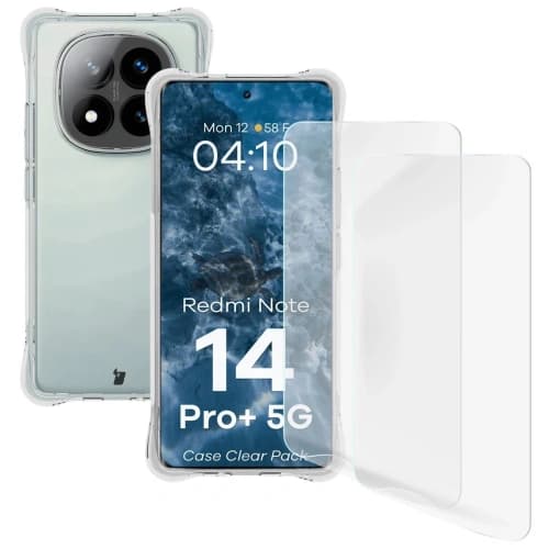 Bizon Case Clear Pack flexibles Gehäuse + 2x Bildschirmfolie für Xiaomi Redmi Note 14 Pro+ Plus 5G