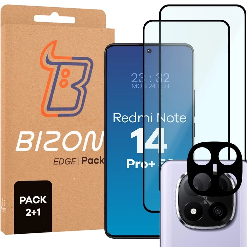 Bizon Edge 2 3D Pack 2x gehärtetes Glas + 1x Linsenschutz für Xiaomi Redmi Note 14 Pro Plus 5G - 1