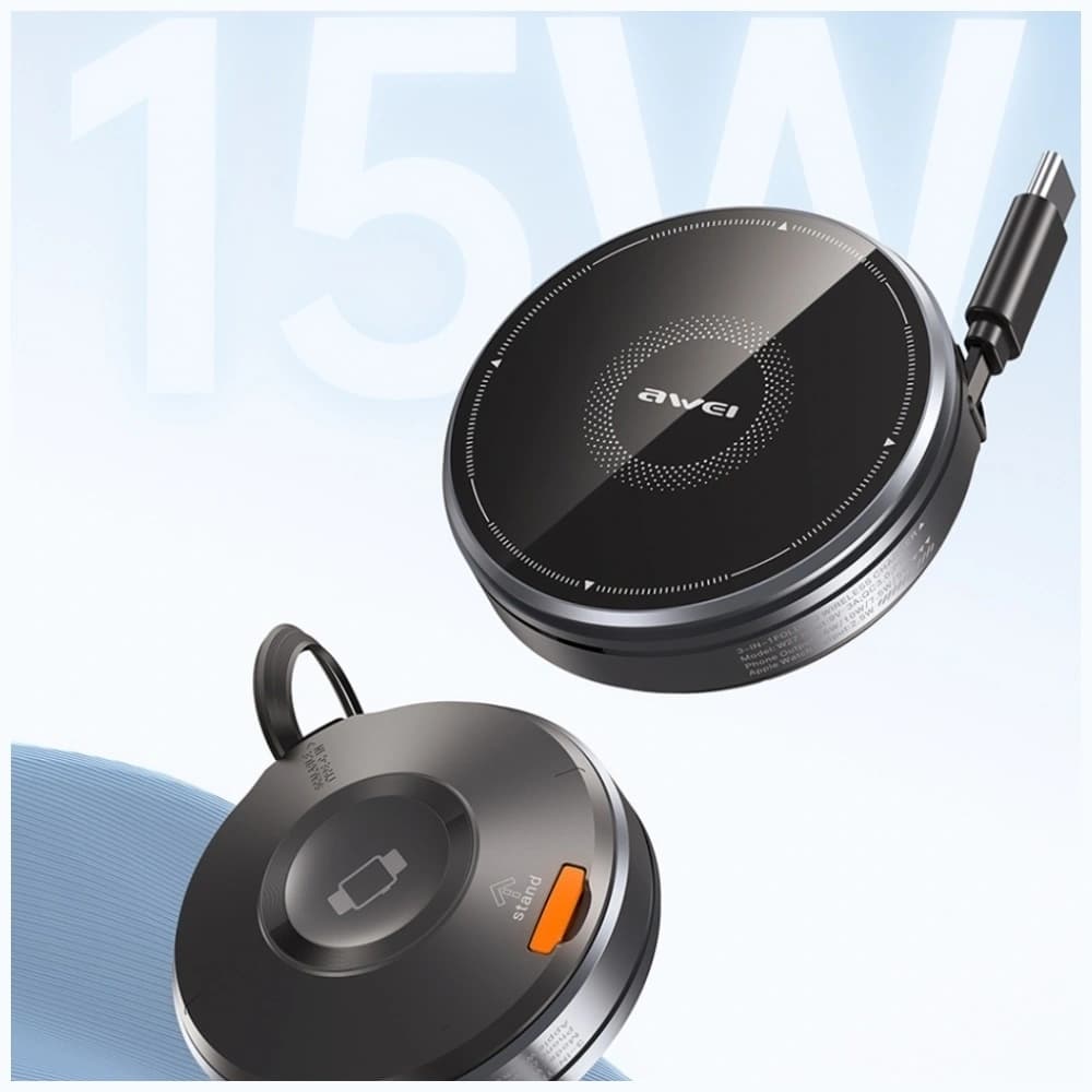 AWEI W27 15W 3-in-1 Induction Charger MagSafe for phone, watch with USB-C Fast Charging cable black - 3