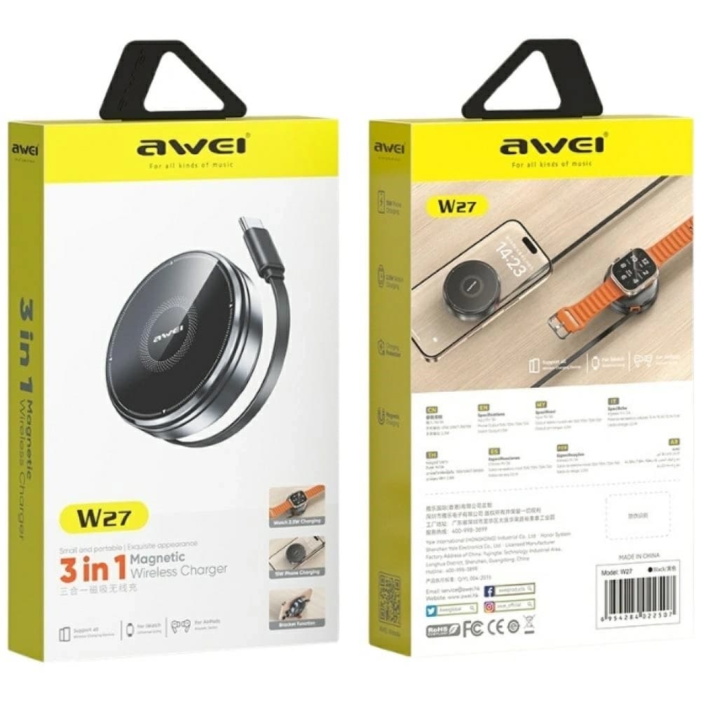 AWEI W27 15W 3-in-1 Induction Charger MagSafe for phone, watch with USB-C Fast Charging cable black - 6