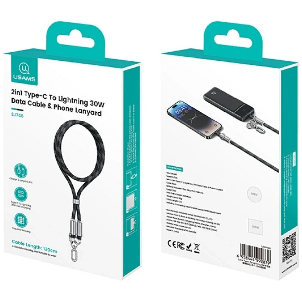 USAMS SJ746 Handy-Lanyard mit USB-C / Lightning Ladekabel 30W 1,2m lila - 7