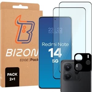 Bizon Edge 2 Pack 2x gehärtetes Glas + Linsenschutz für Xiaomi Redmi Note 14 5G