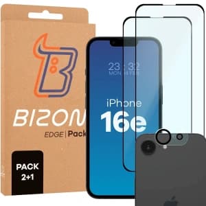 Bizon Edge 2 Pack 2x gehärtetes Glas + 1x Linsenschutz für Apple iPhone 17e / 16e