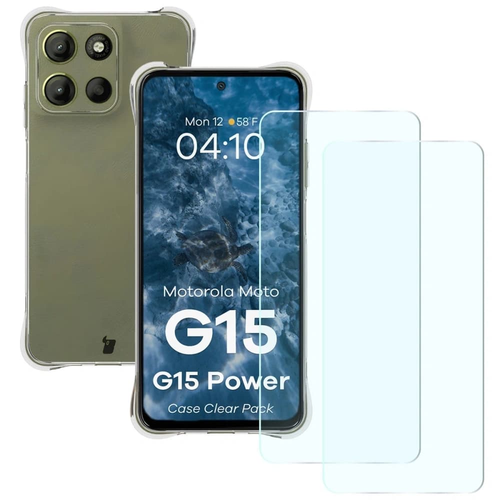 Bizon Case Clear Pack Hülle + 2x gehärtetes Glas Motorola Moto G15 / G15 Power - 1