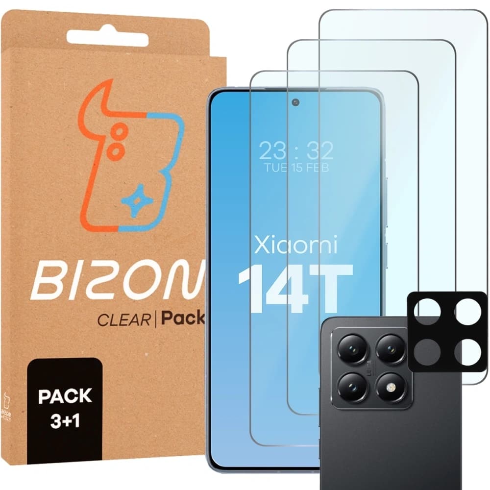 Bizon Glas Klar 2er Pack 3x gehärtetes Glas + 1x Linsenschutz Xiaomi 14T - 1