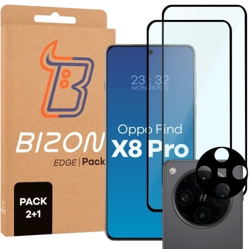 Bizon Edge 2 Pack 2x gehärtetes Glas + 1x Linsenschutz für Oppo Find X8 Pro