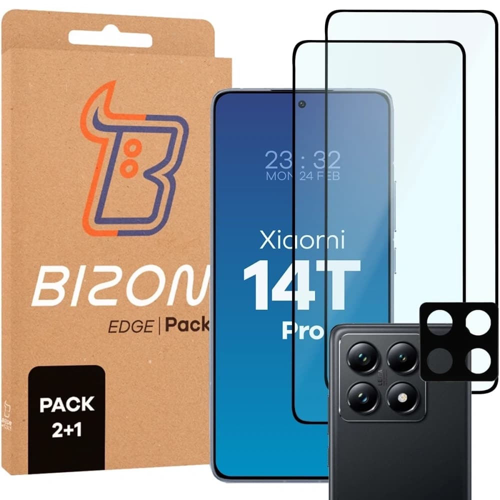 Bizon Edge 2 Pack 2x gehärtetes Glas + 1x Linsenschutz für Xiaomi 14T Pro - 1