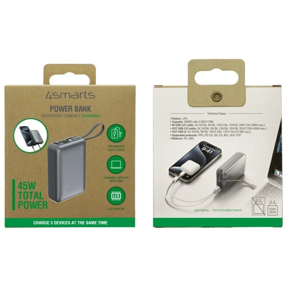 4smarts Enterprise Compact Power Bank 20000mAh 45W USB-A, 2xUSB-C + built-in USB-C cable gray - 4