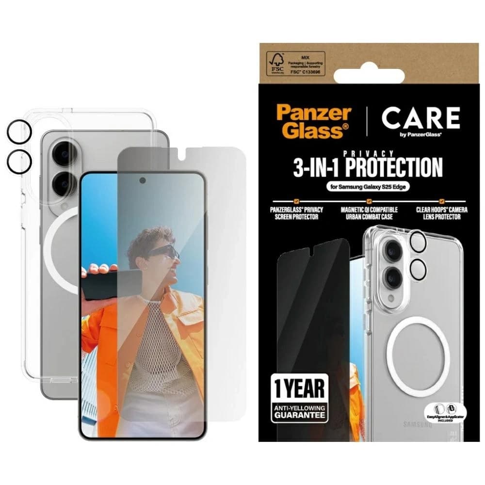 Schutzhülle 3in1 Set + Privacy-Glas für den Bildschirm + Glas für die Kamera CARE von PanzerGlass Flagship für Samsung Galaxy S25 Edge - 1