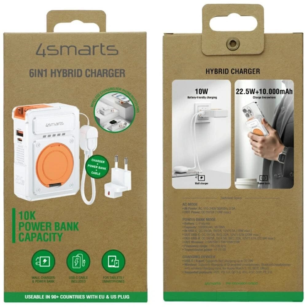 4smarts Hybrid-Ladegerät 6in1 USB-C / USB-A PD 22,5W mit einer 10000mAh Powerbank, Qi Wireless Charging, weißem USB-C-Kabel - 12