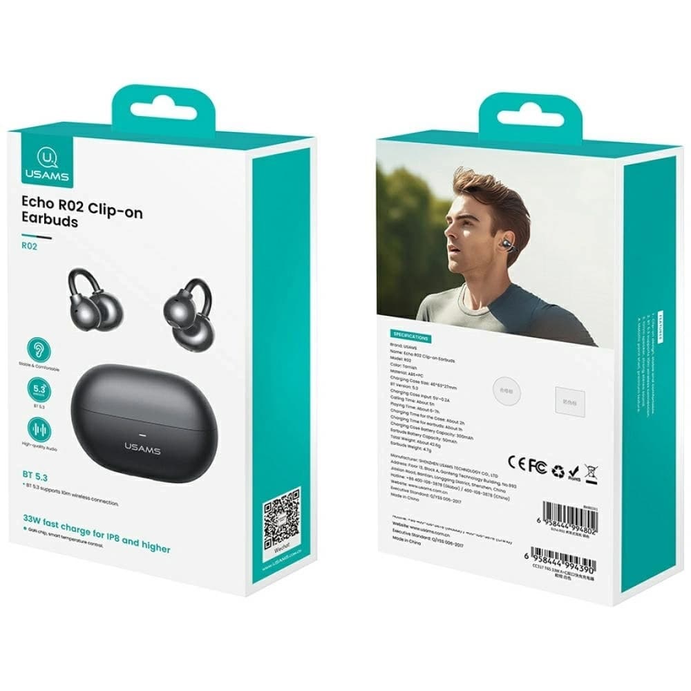 USAMS Echo R02 Drahtlose Clip-on Kopfhörer Bluetooth 5.3 (grau) - 11
