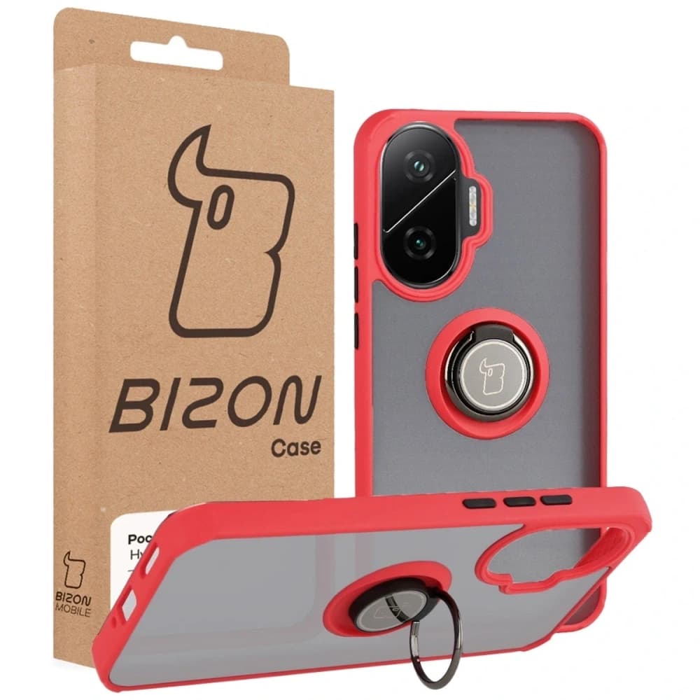 Etui z uchwytem na palec Bizon Case Hybrid Ring do Xiaomi POCO F7 przydymione z czerwoną ramką - 7