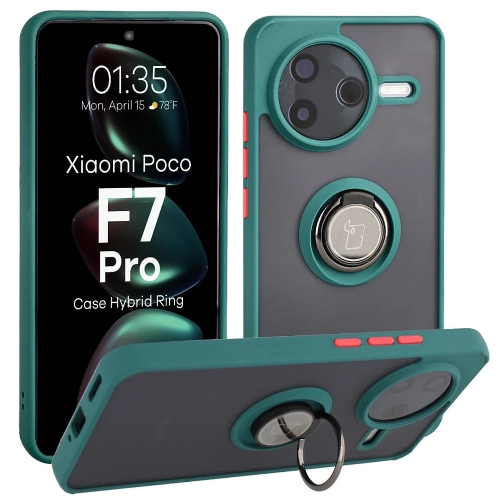 Bizon Case Hybrid Ring Xiaomi POCO F7 Pro rauchig mit einem dunkelgrünen Rahmen - 1