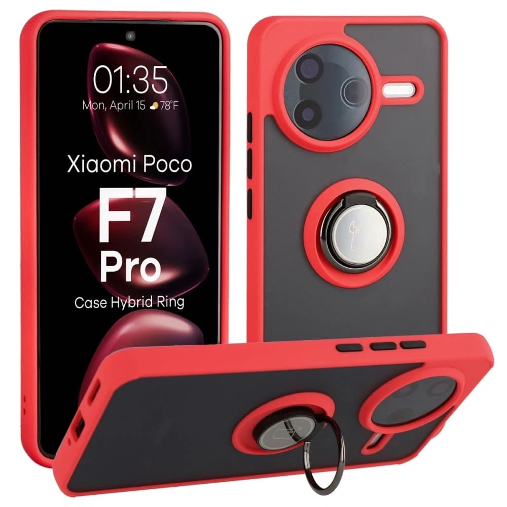 Bizon Case Hybrid Ring Xiaomi POCO F7 Pro rauchig mit rotem Rahmen - 1