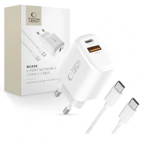 Tech-Protect NCA30 USB-A, USB-C Network Charger PD 30W / QC3.0 + USB-C Cable White