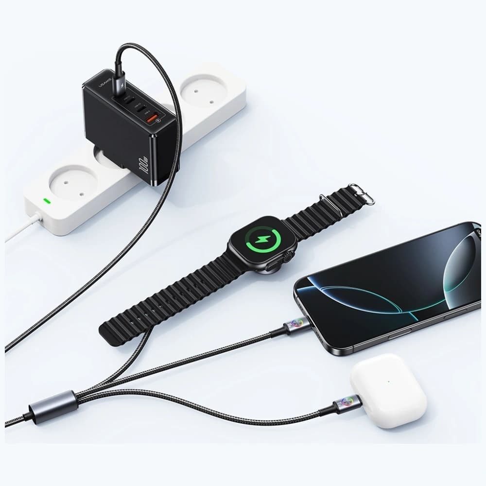 USAMS Huan Serie SJ754 3-in-1 72W USB-C / USB-C Kabel 60W, USB-C 12W + Uhrenladegerät 2.5W tarnfrei - 6