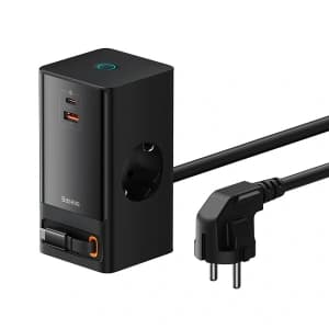 Baseus PowerCombo 65W Ladestation 1,5m 2xAC, USB-A, USB-C + USB-C Kabel schwarz