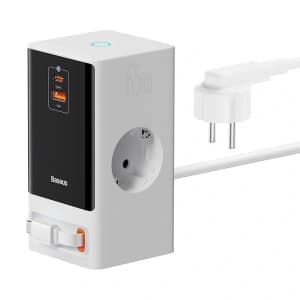 Baseus PowerCombo 65W Ladestation 1,5m 2xAC, USB-A, USB-C + USB-C Kabel weiß