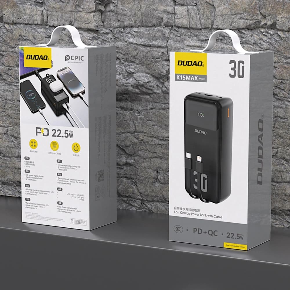 Dudao K15MAX 30000mAh Power Bank PD 22.5W with built-in USB-C and Lightning cables black - 2