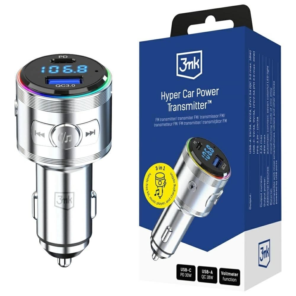 3MK Hyper Car Power Transmitter 48W QC PD PPS USB-C / USB-A z transmiterem audio silver - 1
