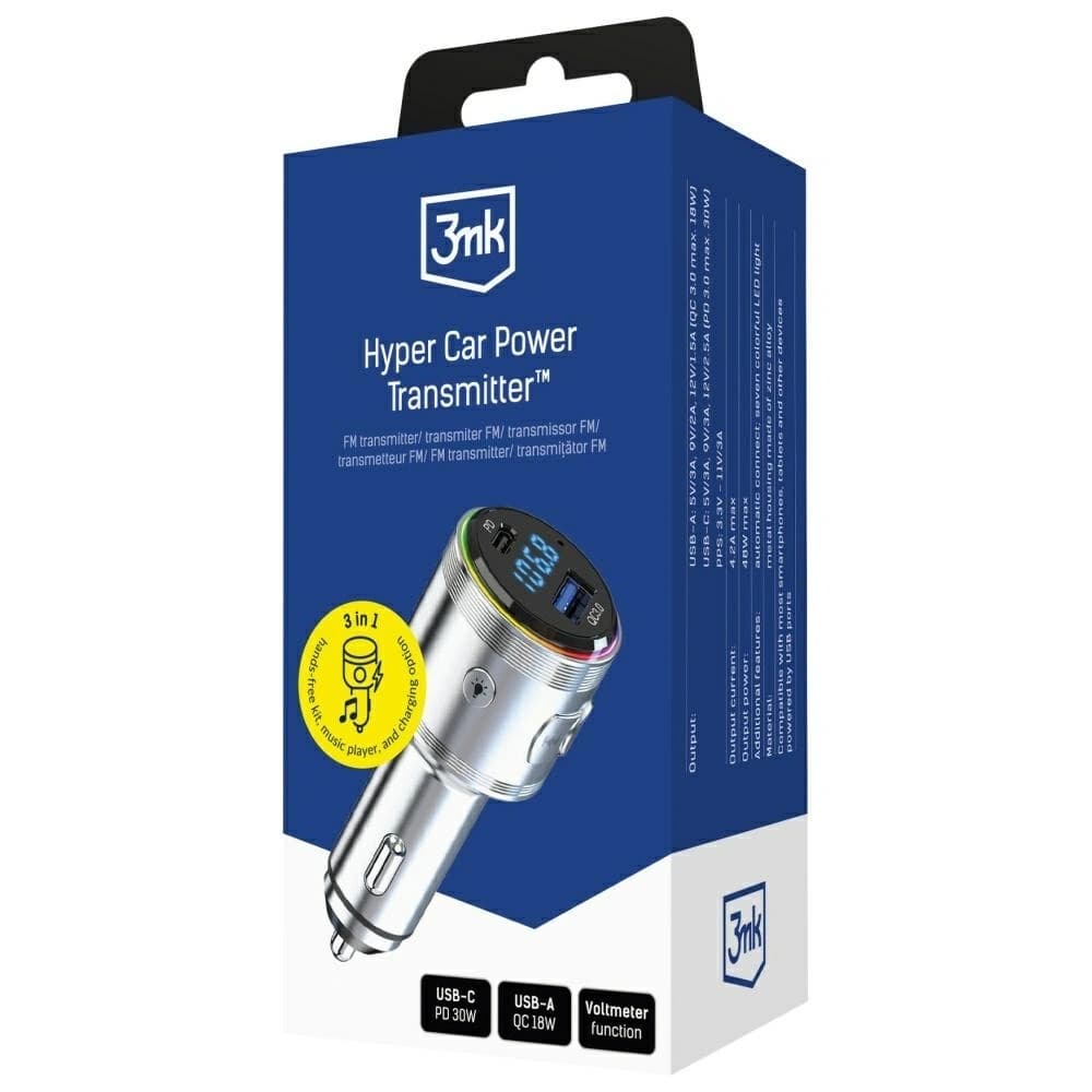 3MK Hyper Car Power Transmitter 48W QC PD PPS USB-C / USB-A z transmiterem audio silver - 8