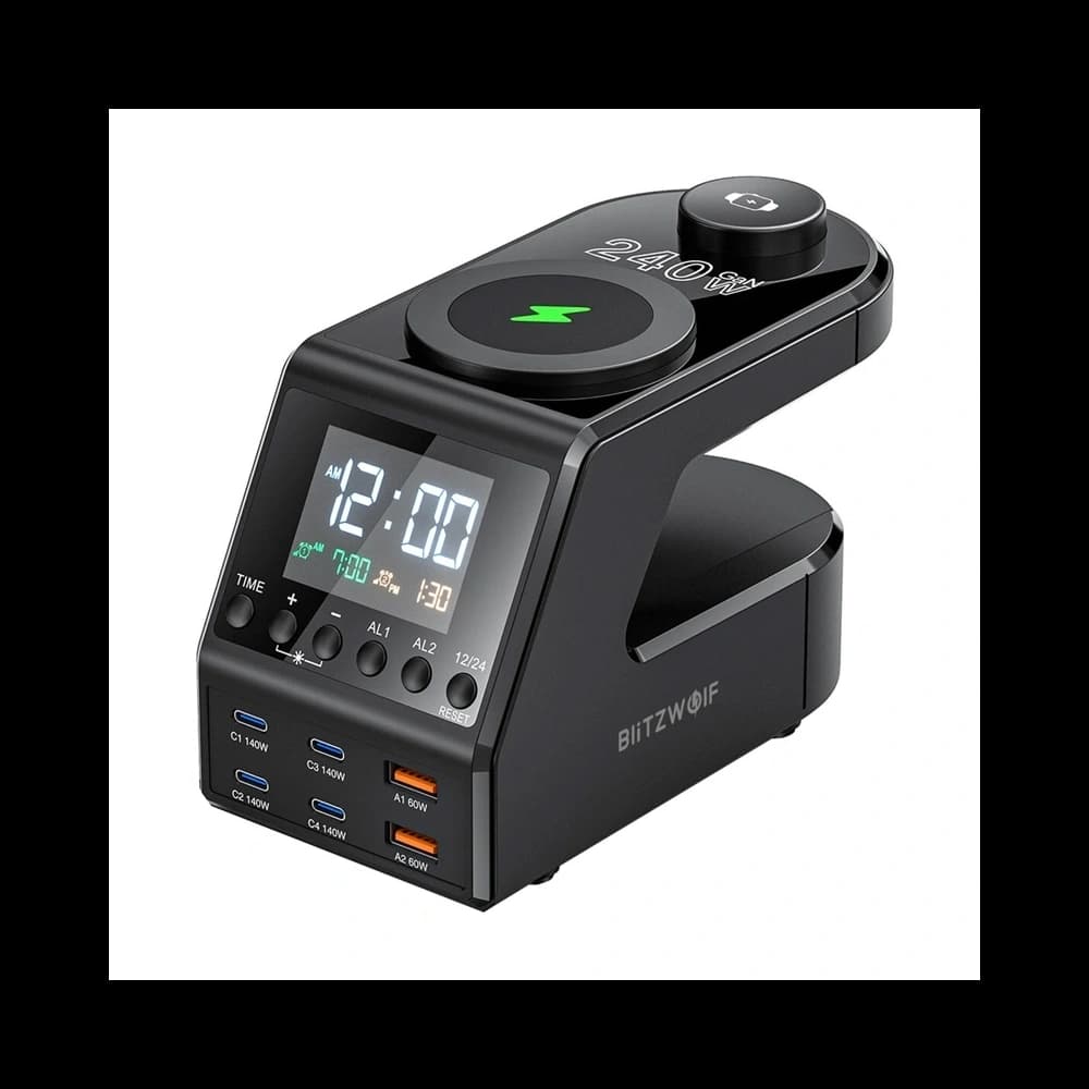 Blitzwolf BW-FW10 Alarm clock with wireless charger 2xUSB-A 60W, 4xUSB-C 120W, for phone, watch - 1