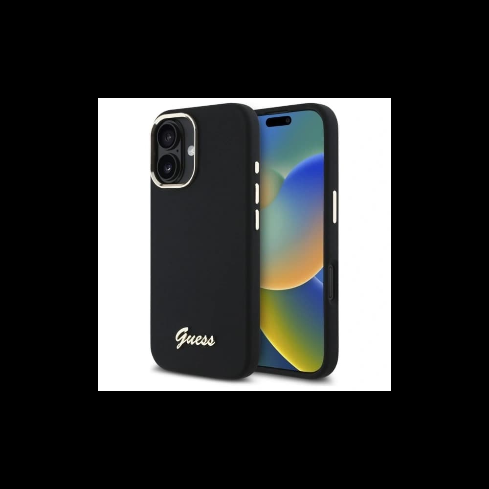 Vermutung Apple iPhone 16 Hartschale Silikon Schrift Metall-Logo & Rahmen schwarz - 1