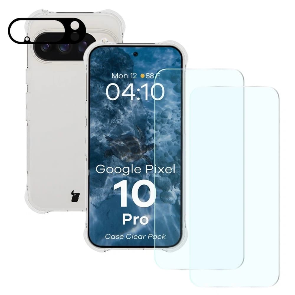 Bizon Case Clear Pack Hülle + 2x gehärtetes Glas + Objektivglas für Google Pixel 10 Pro - 1