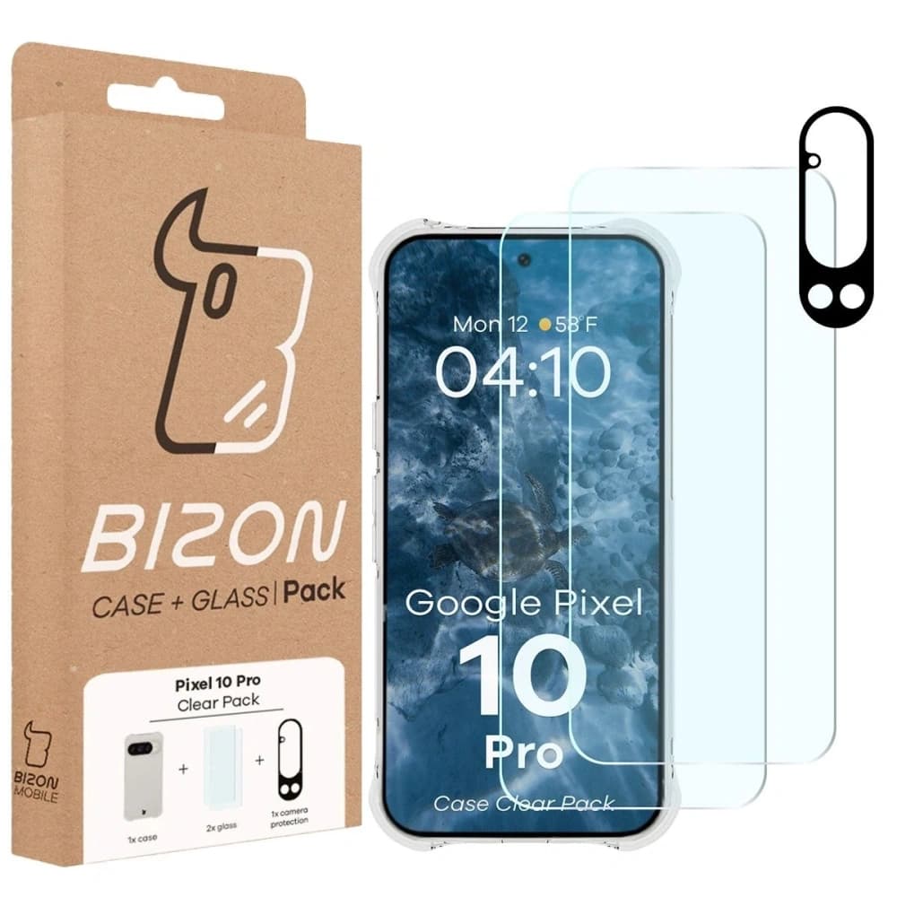 Bizon Case Clear Pack Hülle + 2x gehärtetes Glas + Objektivglas für Google Pixel 10 Pro - 10
