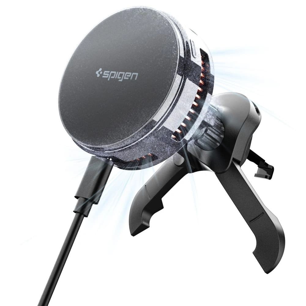 Uchwyt samochodowy do kratki z ładowarką indukcyjną Spigen Essential EV25MFAQ Qi2.2 Peltier Magnetic MagSafe Vent Car Mount Wireless Charger Black - 1